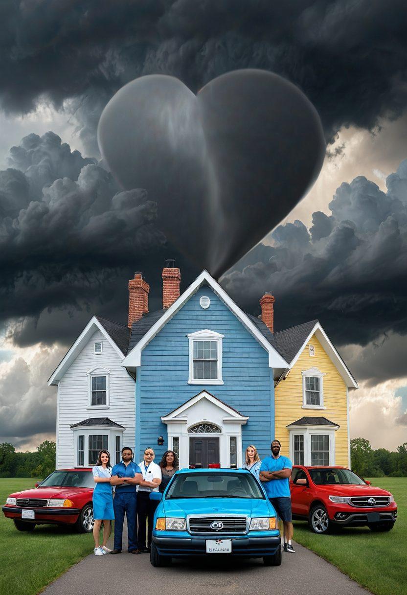A visually engaging scene depicting a diverse group of people holding shields symbolizing different types of insurance (home, health, car, life), set against a backdrop of potential risks like storms, accidents, and medical emergencies. The atmosphere conveys protection and security, emphasizing the importance of comprehensive coverage. The colors are vibrant and the details are sharp to enhance visual appeal. super-realistic. vibrant colors. 3D.